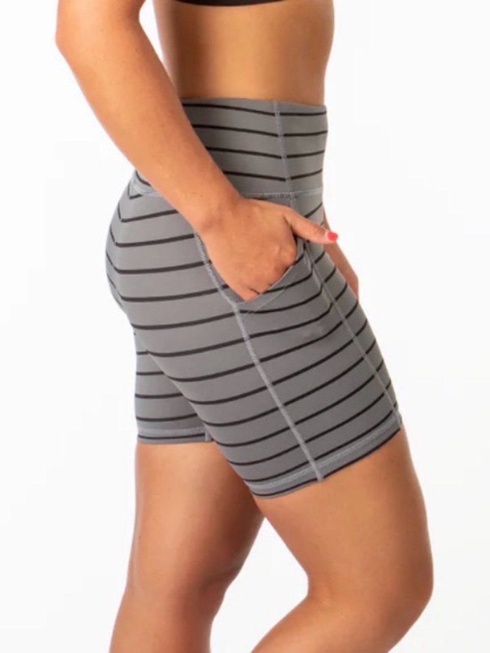 NEW KIAVA 5” length SMALL luxe workout shorts women’s grey black stripe bike gym